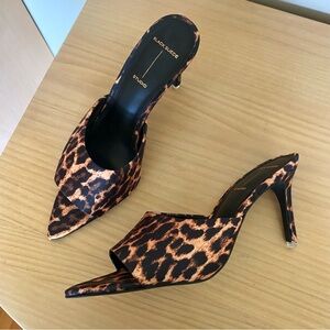 Black Suede Studio Leopard Print peep toe mule Heels